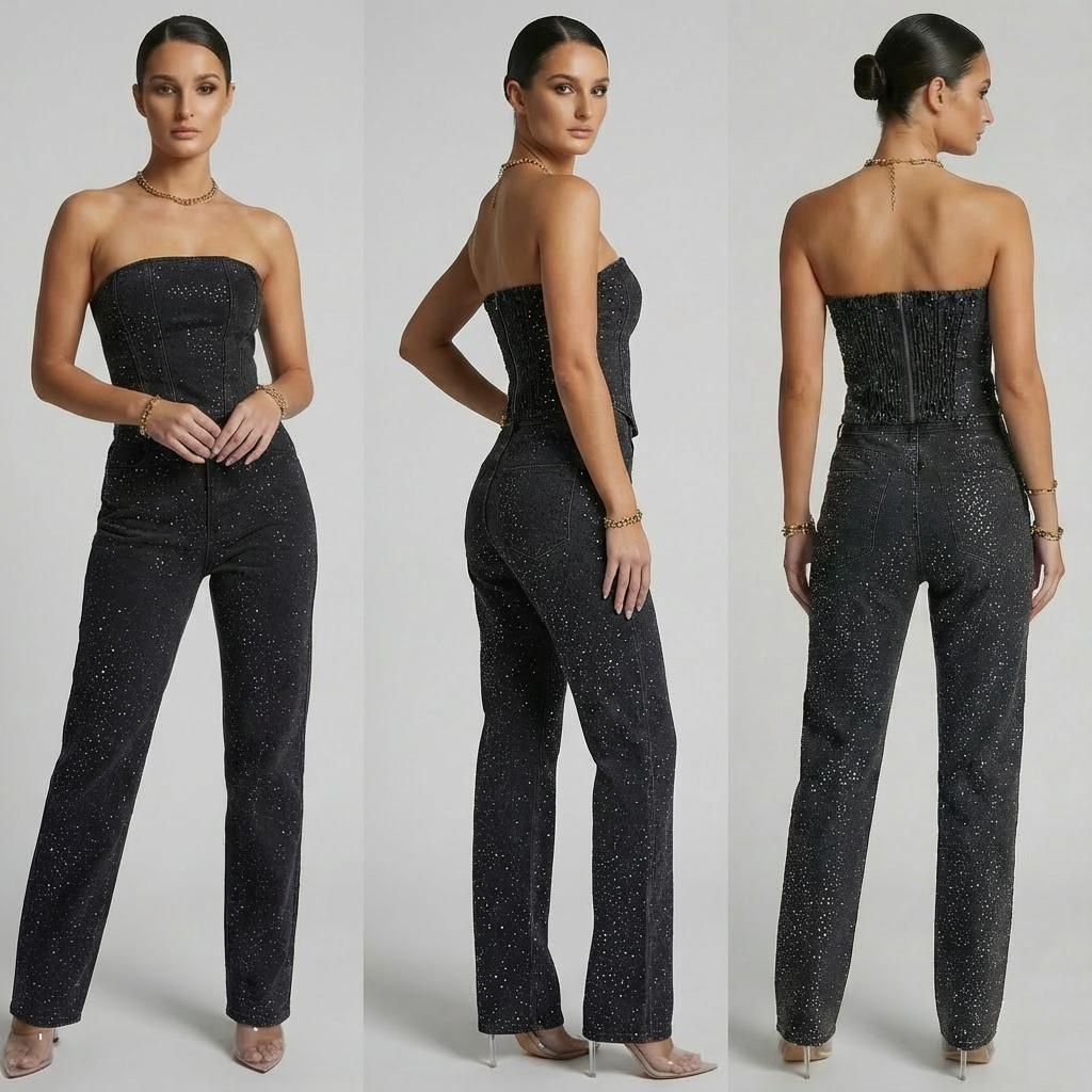 Nyxelle | Tweedelige Glitter Denim Set