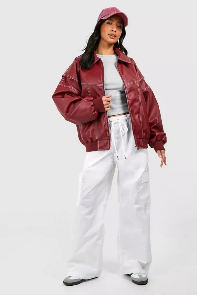 Levana™ | Dames Rood Leren Oversized Bomberjas