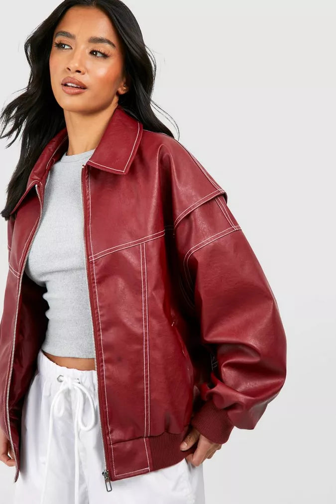 Levana™ | Dames Rood Leren Oversized Bomberjas
