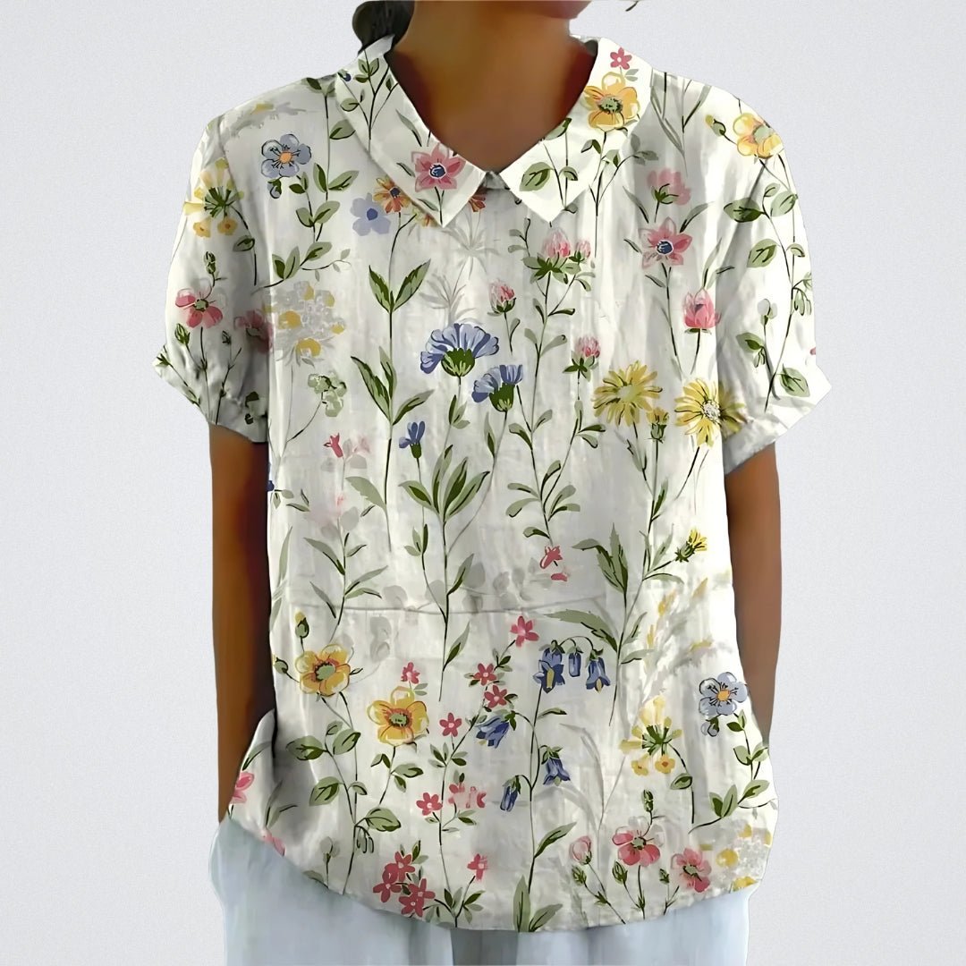 Flora | Bloemen Blouse Dames | Korte Mouwen | Luchtige Ademend Stof | Vrouwelijke V-Hals | Zomer Casual Top