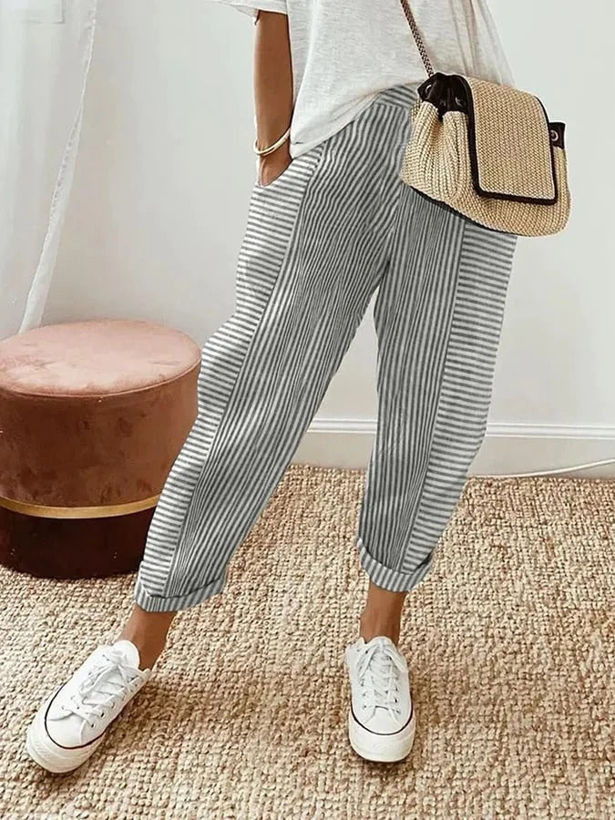 Linea | Gestreepte Damesbroek | Luchtige Zomerbroek | Elastische Taille met Trekkoord | Losvallende Casual Broek