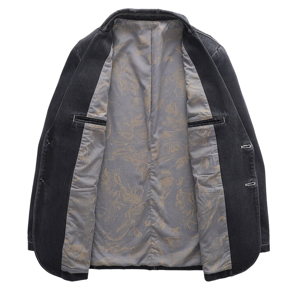 Damian™ | Heren Denim Blazer Met Dubbele Knoopsluiting En Printvoering | Casual Colbert In Gewassen Zwart Met Retro Details
