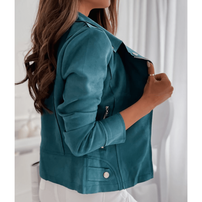 Selva | Suèdelook Bikerjack Dames Met Diagonale Rits en Zilveren Details