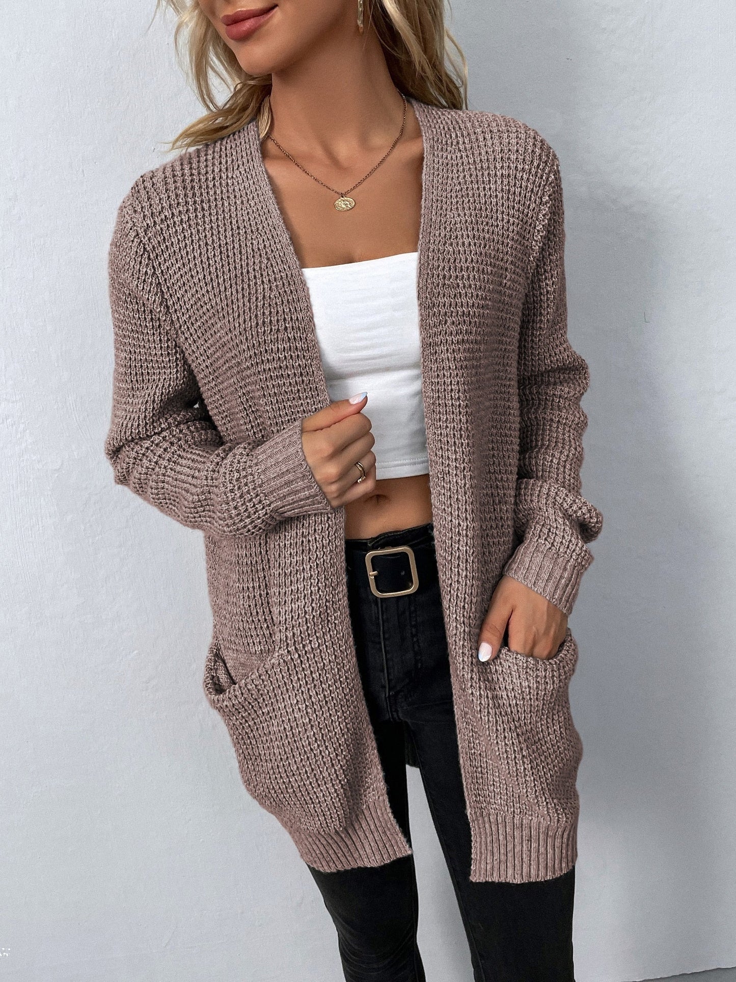 Mireille | Lange Grofgebreide Openvallende Cardigan Met Zakken Dames