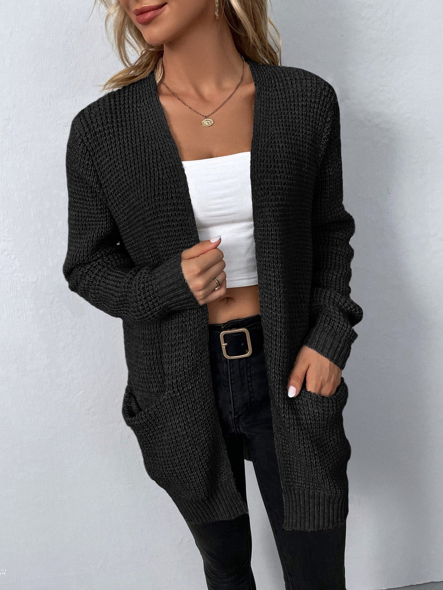 Mireille | Lange Grofgebreide Openvallende Cardigan Met Zakken Dames