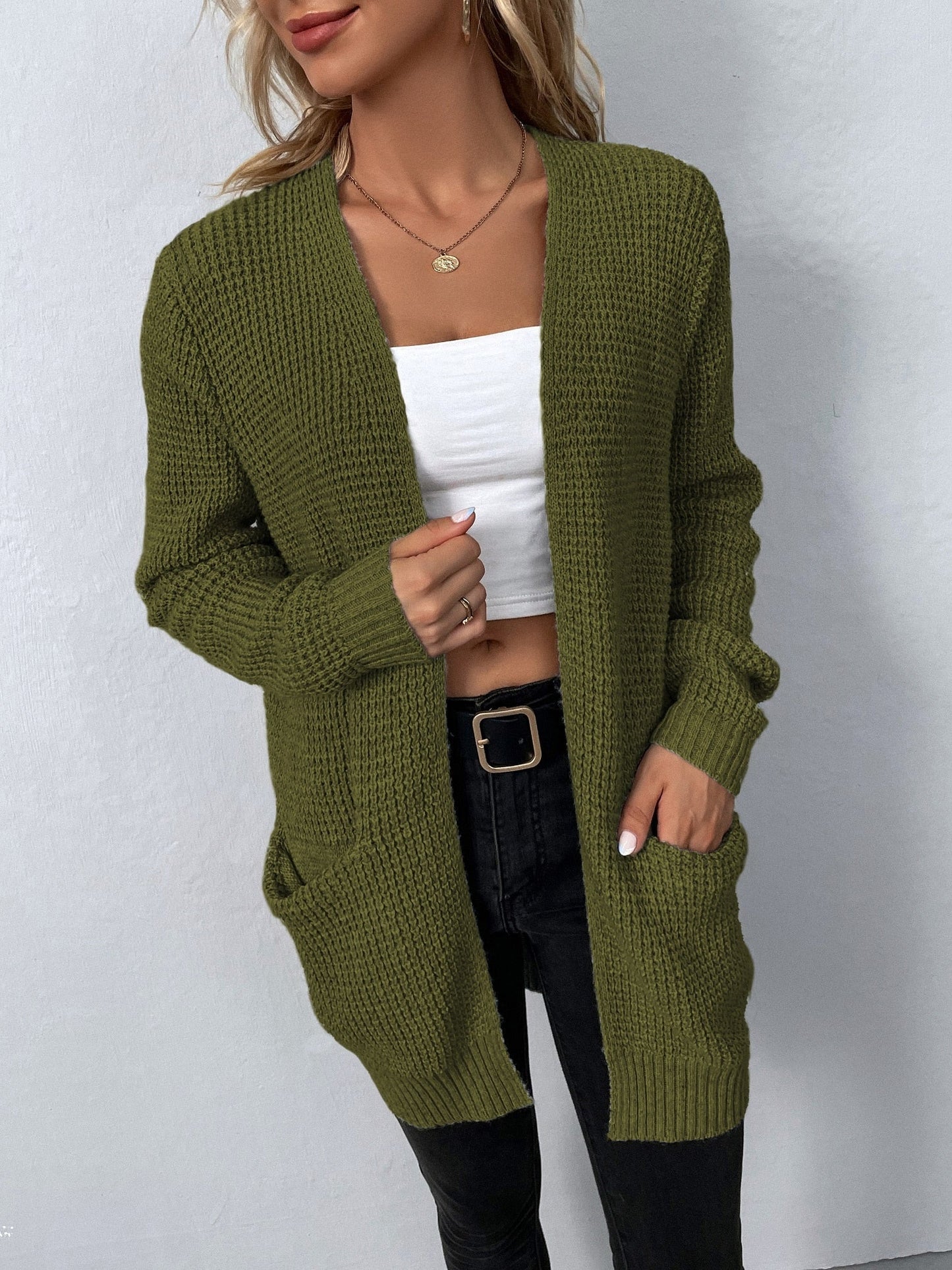 Mireille | Lange Grofgebreide Openvallende Cardigan Met Zakken Dames