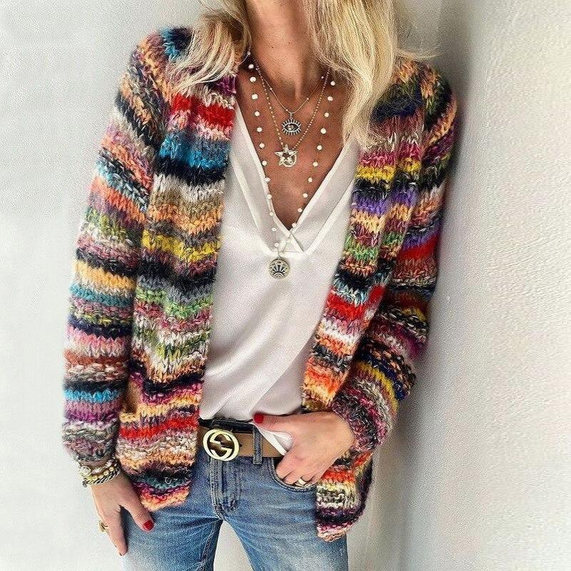 Maribel | Gebreide Cardigan Met Multicolor Strepen En V-Hals Dames