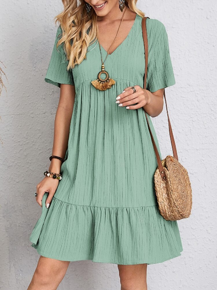 Aluna | Katoenen Zomerjurk Dames met V-Hals, Ruches & Luchtige Boho-Stijl