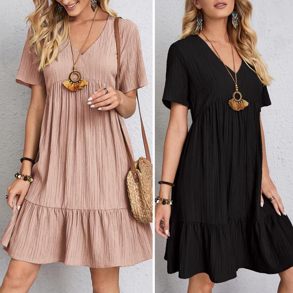 Aluna | Katoenen Zomerjurk Dames met V-Hals, Ruches & Luchtige Boho-Stijl