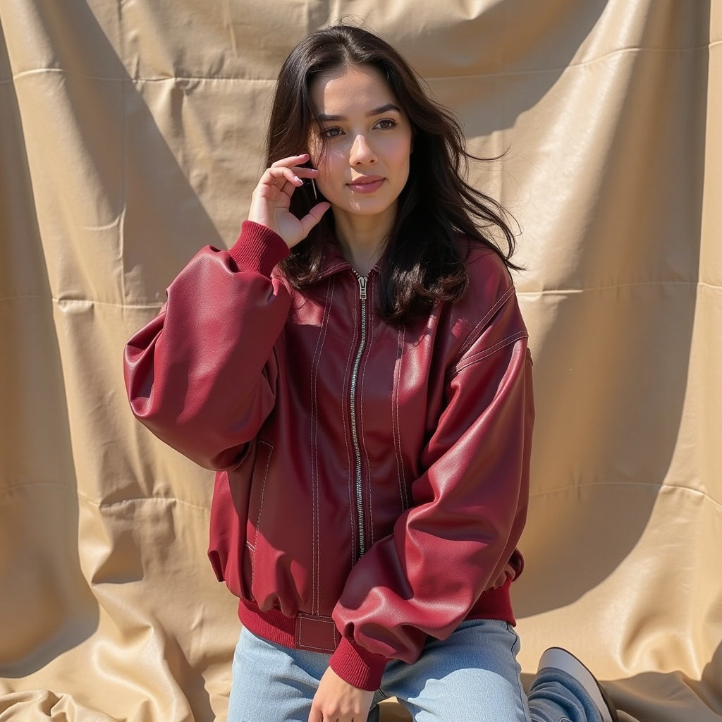 Levana™ | Dames Rood Leren Oversized Bomberjas