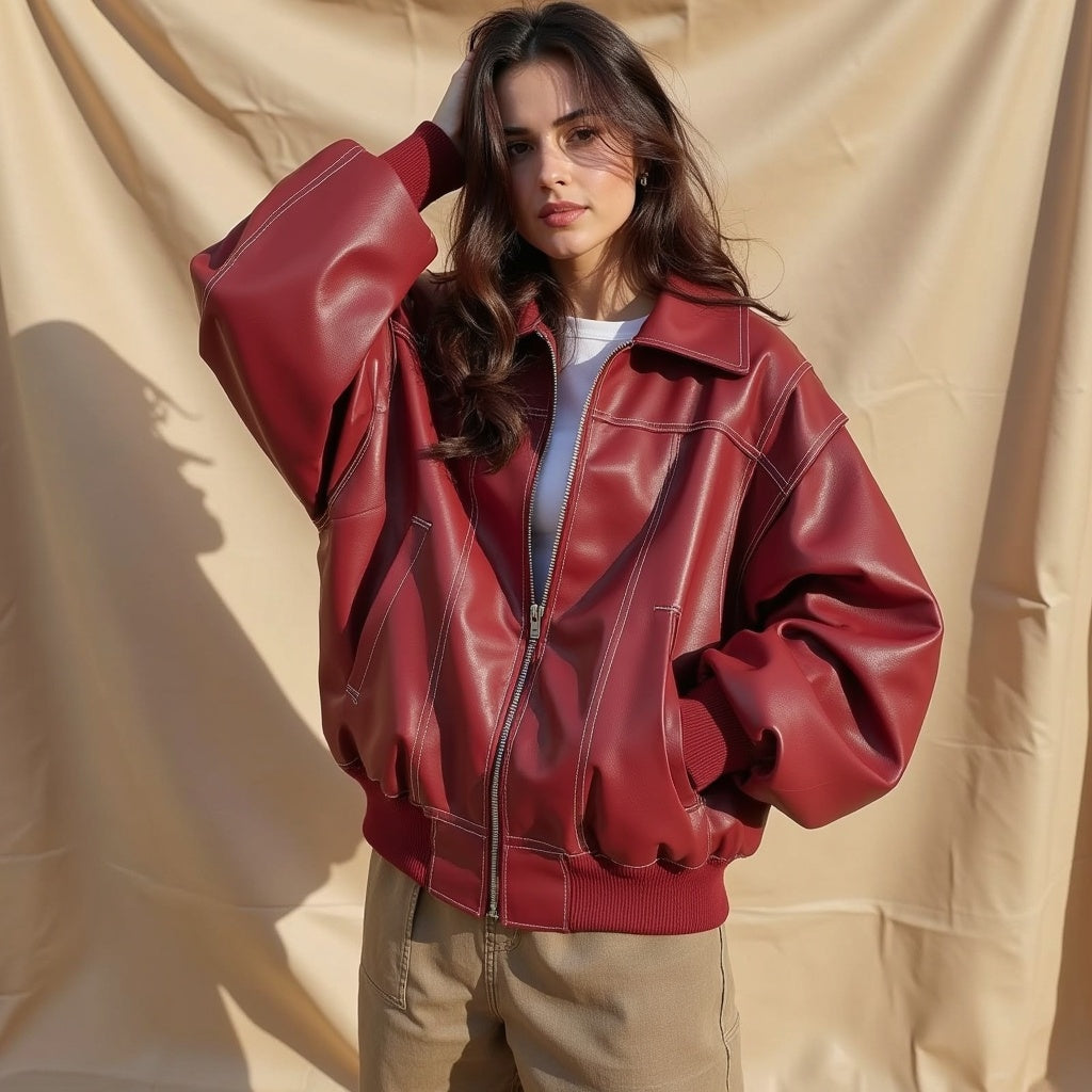 Levana™ | Dames Rood Leren Oversized Bomberjas