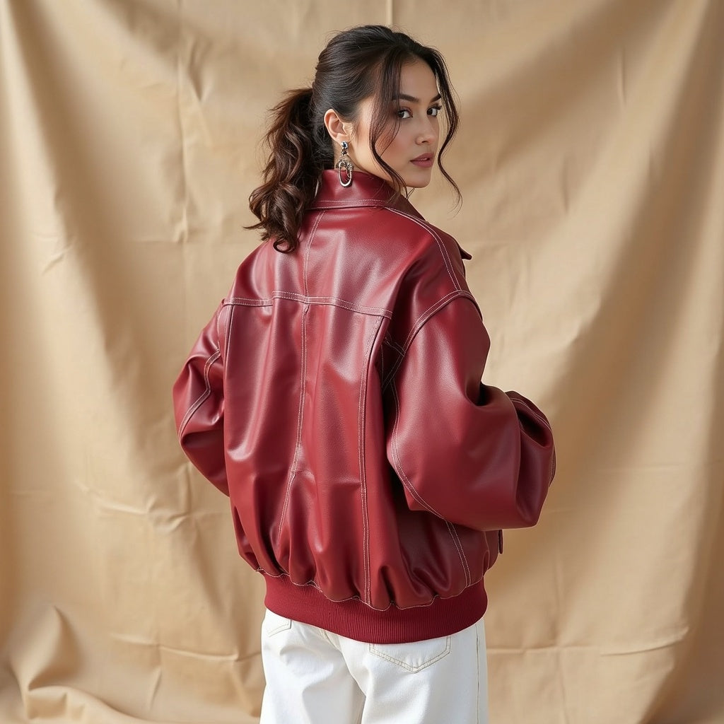 Levana™ | Dames Rood Leren Oversized Bomberjas