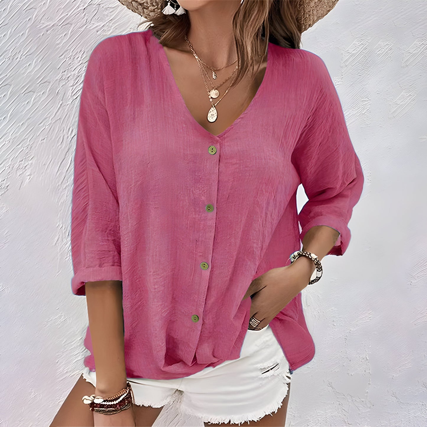 Liora | Luchtige Dames Blouse | Zomerblouse met V-Hals & Knoopsluiting | Losvallend | Driekwartmouwen | Casual Top