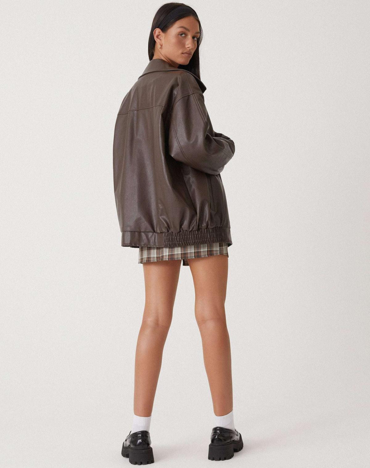 Marzena™ | Dames Oversized Faux Leren Jack | Donkerbruin Retro Bomberjack met Ritssluiting en Steekzakken