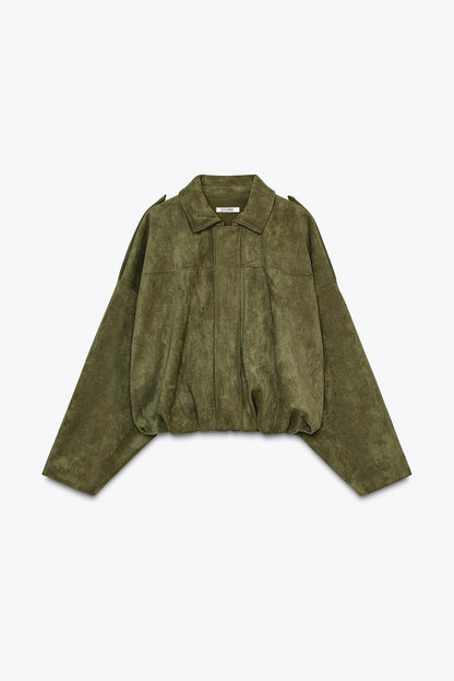 Rey | Oversized Cropped Jas Dames | Olijfgroen | Suède-Look | Streetwear & Casual | Lente & Herfst Overgangsjas