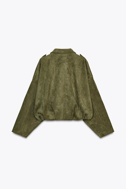 Rey | Oversized Cropped Jas Dames | Olijfgroen | Suède-Look | Streetwear & Casual | Lente & Herfst Overgangsjas