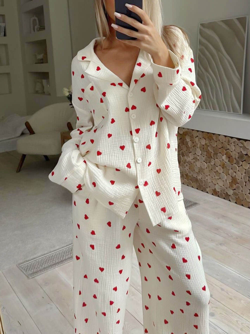 Amorette™ | Dames Loungewear Pyjama Set met Hartjesprint | Zacht, Ademend en Romantisch Huispak