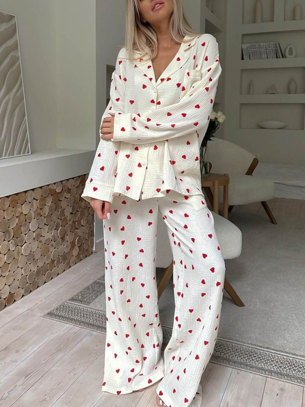 Amorette™ | Dames Loungewear Pyjama Set met Hartjesprint | Zacht, Ademend en Romantisch Huispak