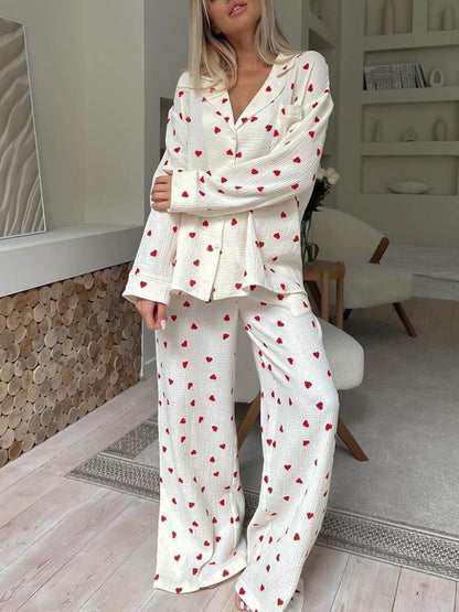 Amorette™ | Dames Loungewear Pyjama Set met Hartjesprint | Zacht, Ademend en Romantisch Huispak