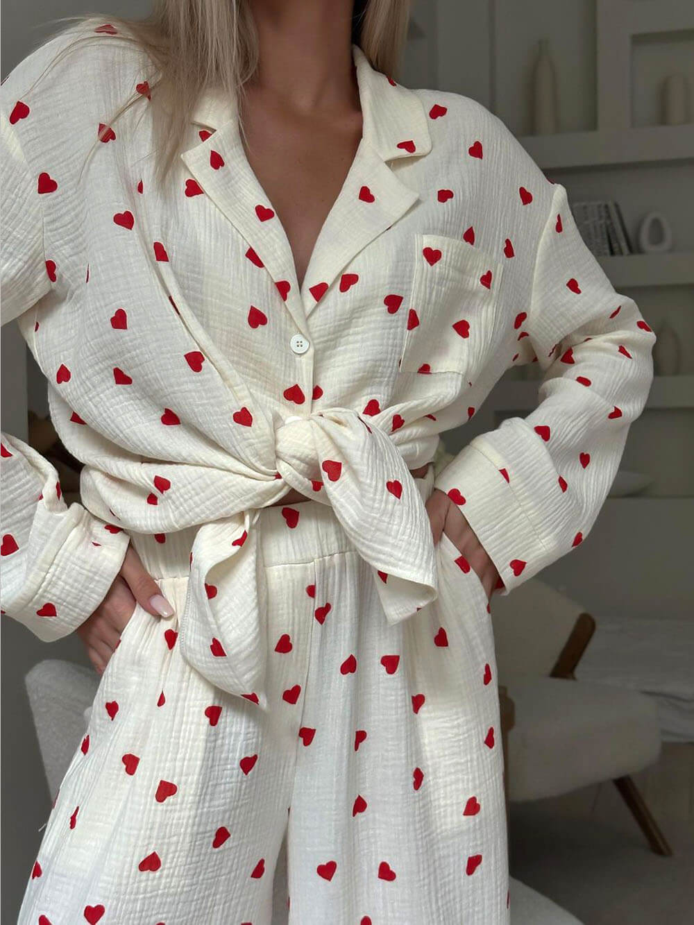 Amorette™ | Dames Loungewear Pyjama Set met Hartjesprint | Zacht, Ademend en Romantisch Huispak
