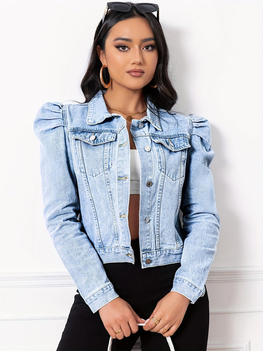 Lunara™ | Lichtblauw Denimjack Met Pofmouwen En Getailleerde Vrouwelijke Pasvorm