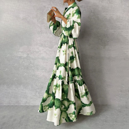 Solène™ | Bohemian Tie-Dye Maxi Jurk met V-Hals, Ballonmouwen en Gelaagde Rok