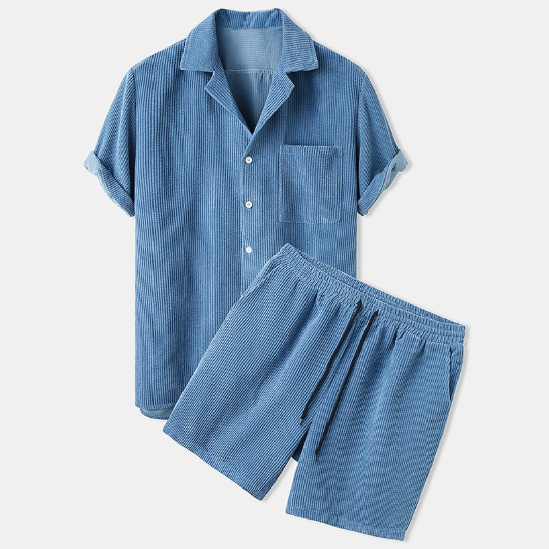 Santino™ | Heren Corduroy Zomerset Met Korte Broek En Overhemd | Luchtige 2-Delige Ribfluwele Lounge Outfit Voor Zomer En Vakantie
