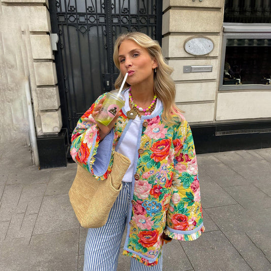 Allegra™ | Oversized Bloemenjas Dames | Kleurrijke Patchwork Zomerjas met Boho Print en Losvallende Pasvorm
