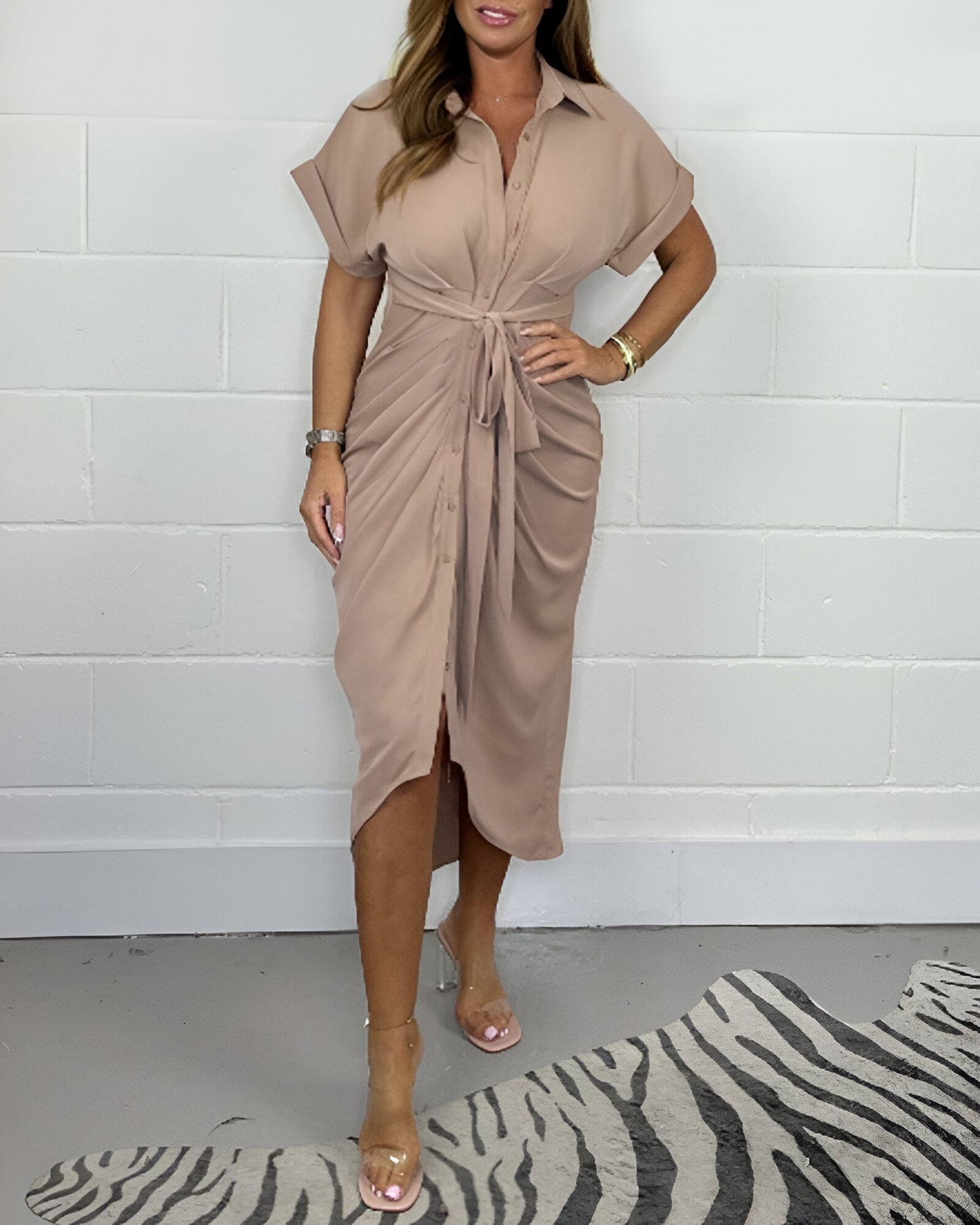 Serena | Overhemdjurk Dames | Midi Zomerjurk | Korte Mouwen | Knoopsluiting & Taillekoord | Elegant & Zakelijk