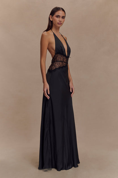 Elora | Halter Galajurk Dames | Satijnlook Zwarte Avondjurk | Kant & Open Rug | Diepe V‑Hals | Sexy & Elegant