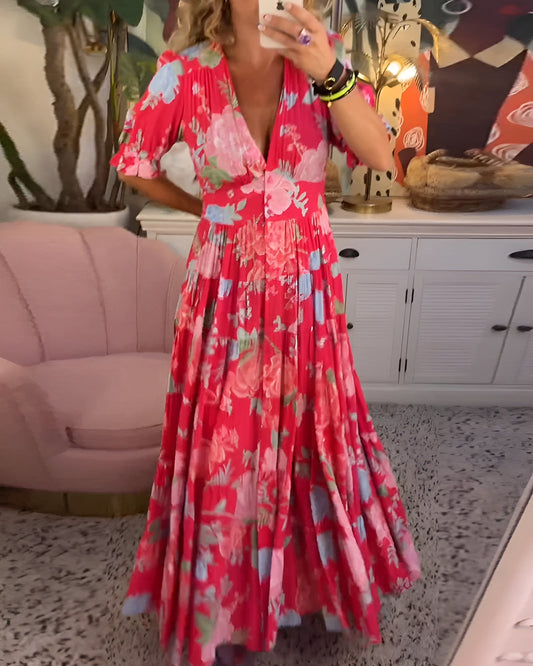 Fiorenza™ | Dames Zwierige Maxi-Jurk met Bloemenprint en V-Hals | Luchtige Bohemian Zomerjurk met Vlindermouwen voor Strand en Vakantie