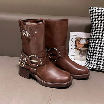 Ravella™ | Dames Biker Boots met Chunky Zool en Gespen | Stoere Leren Laarzen