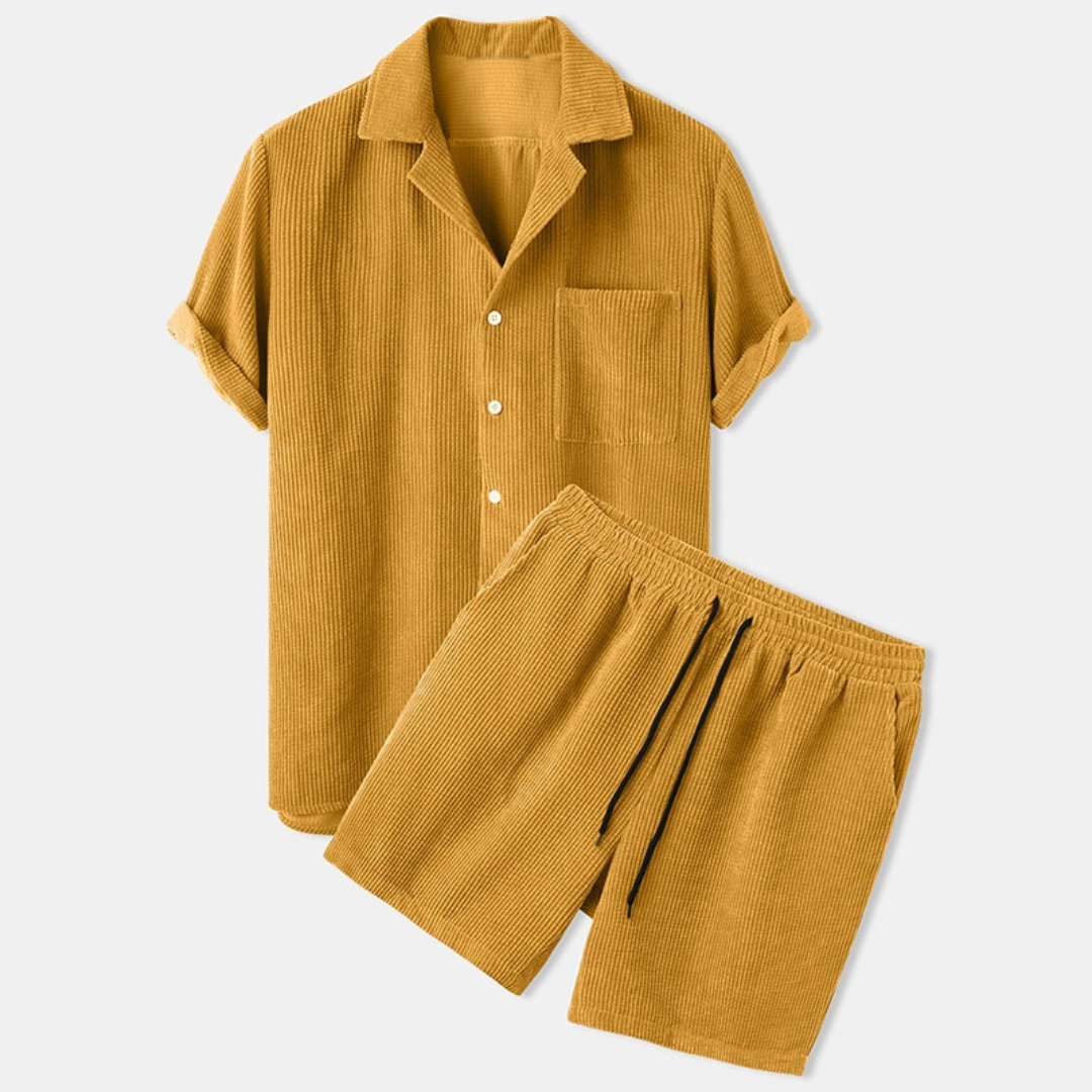 Santino™ | Heren Corduroy Zomerset Met Korte Broek En Overhemd | Luchtige 2-Delige Ribfluwele Lounge Outfit Voor Zomer En Vakantie