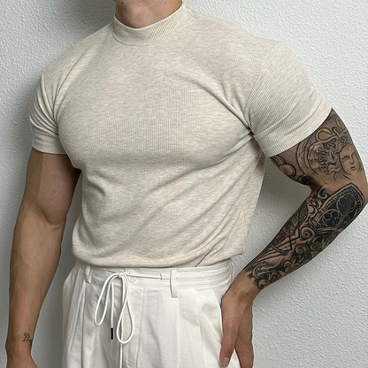 Elian | Fitted T-Shirt Heren | Ribgebreid Shirt met Opstaande Kraag & Korte Mouwen