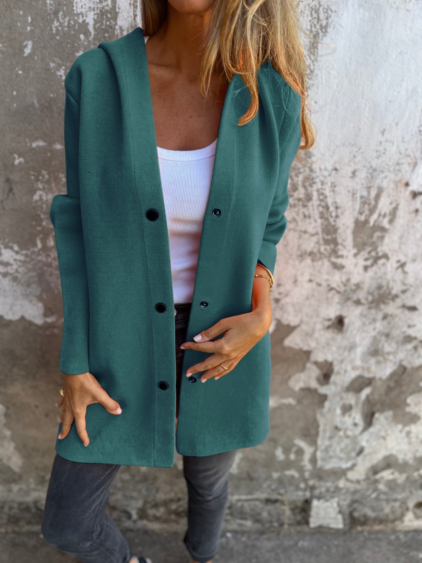 Elisandra™ | Lange Cardigan met Eenvoudig Eenrijig Knopsluiting en Capuchon