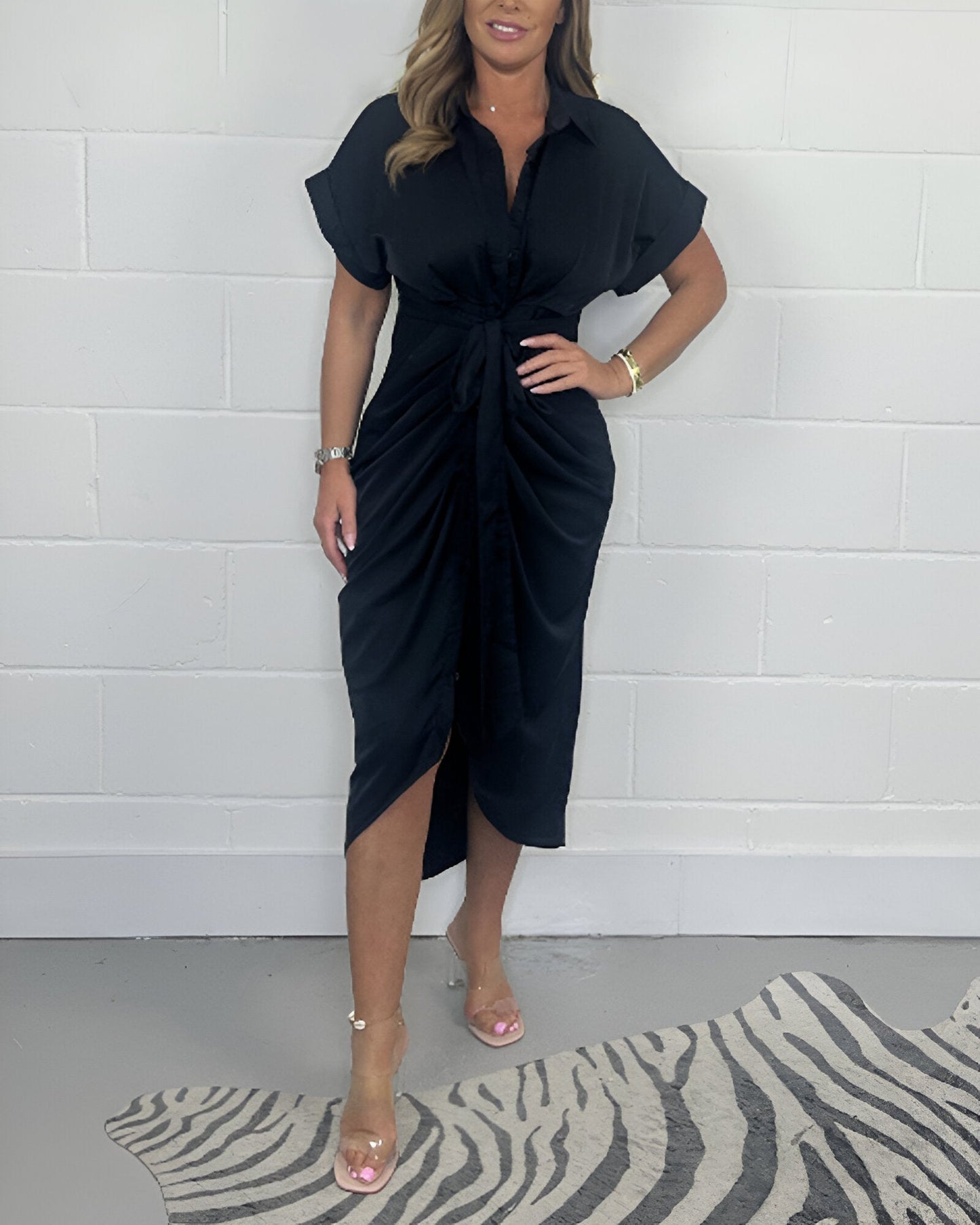Serena | Overhemdjurk Dames | Midi Zomerjurk | Korte Mouwen | Knoopsluiting & Taillekoord | Elegant & Zakelijk