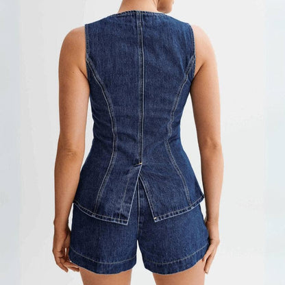 Élodie™ | Dames Mouwloos Denim Vest | Getailleerde Spijkertop met Gouden Knopen en Ronde Hals