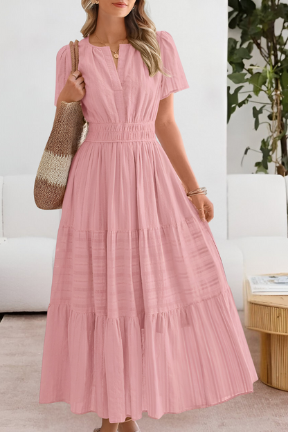 Elara | Maxi-Jurk Dames | Luchtige Zomerjurk | Korte Mouwen | A-Lijn met Gesmokte Taille | Zwierige Gelaagde Rok