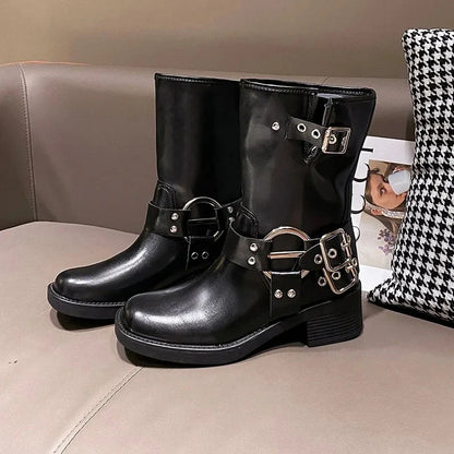 Ravella™ | Dames Biker Boots met Chunky Zool en Gespen | Stoere Leren Laarzen