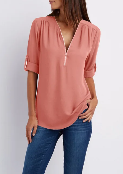 Céleste™ | Luchtige Blouse met Half Zip Rits en Pasteltinten