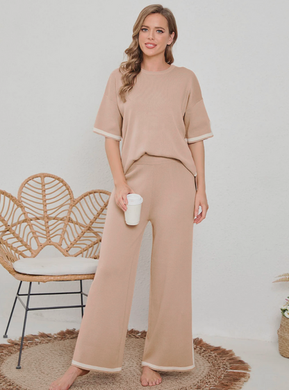 Elin™ | Stijlvol Gebreid Loungeset met Wijde Broek en Drop Shoulder Design