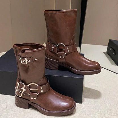 Ravella™ | Dames Biker Boots met Chunky Zool en Gespen | Stoere Leren Laarzen