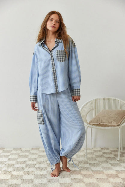 Camille | Katoenen Pyjama Set Dames Met Streep-Ruit Mix & Strikbroek