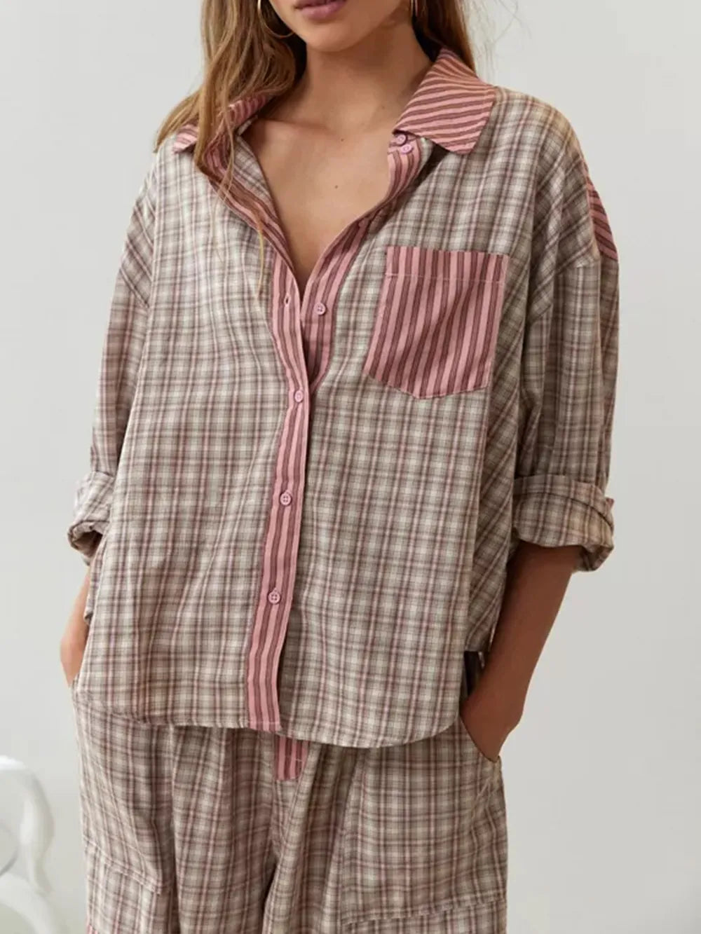 Camille | Katoenen Pyjama Set Dames Met Streep-Ruit Mix & Strikbroek