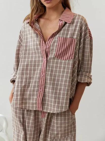 Camille | Katoenen Pyjama Set Dames Met Streep-Ruit Mix & Strikbroek