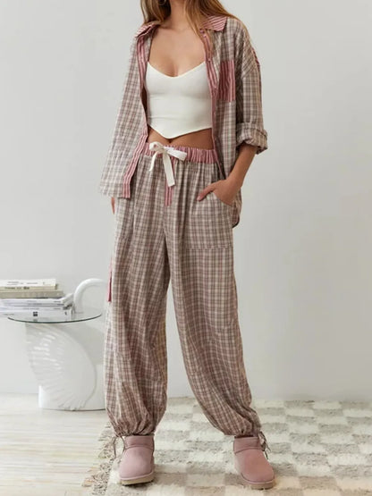Camille | Katoenen Pyjama Set Dames Met Streep-Ruit Mix & Strikbroek