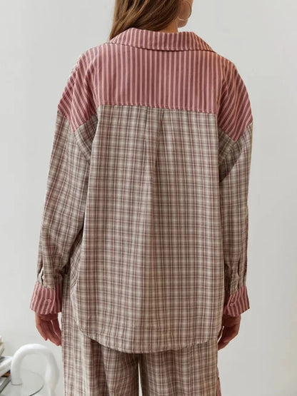 Camille | Katoenen Pyjama Set Dames Met Streep-Ruit Mix & Strikbroek