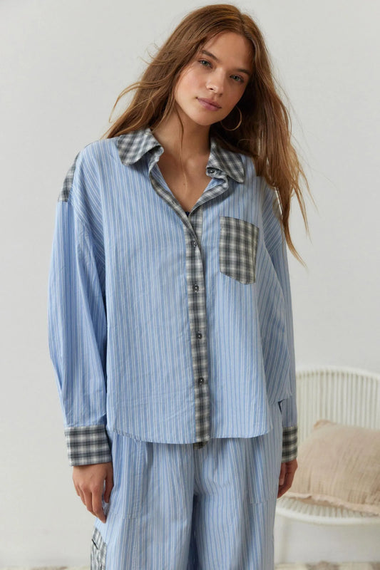 Camille | Katoenen Pyjama Set Dames Met Streep-Ruit Mix & Strikbroek