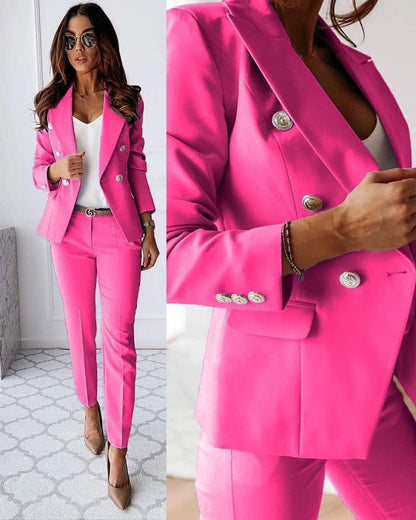 Valéris™ | Tweedelig Dameskostuum met Goudkleurige Knopen | Elegant Blazerpak met Getailleerde Blazer en Slim Fit Pantalon voor Werk of Gelegenheid