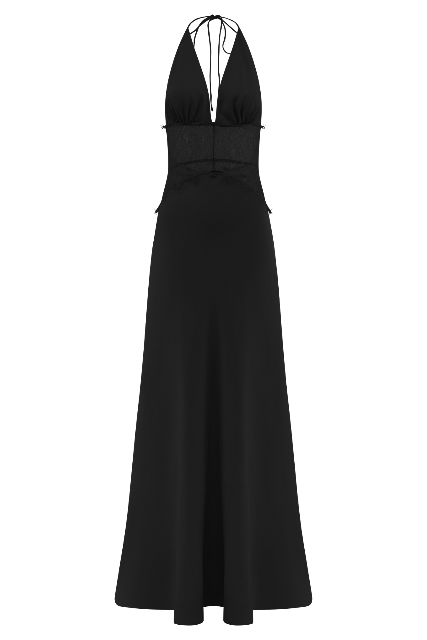 Elora | Halter Galajurk Dames | Satijnlook Zwarte Avondjurk | Kant & Open Rug | Diepe V‑Hals | Sexy & Elegant